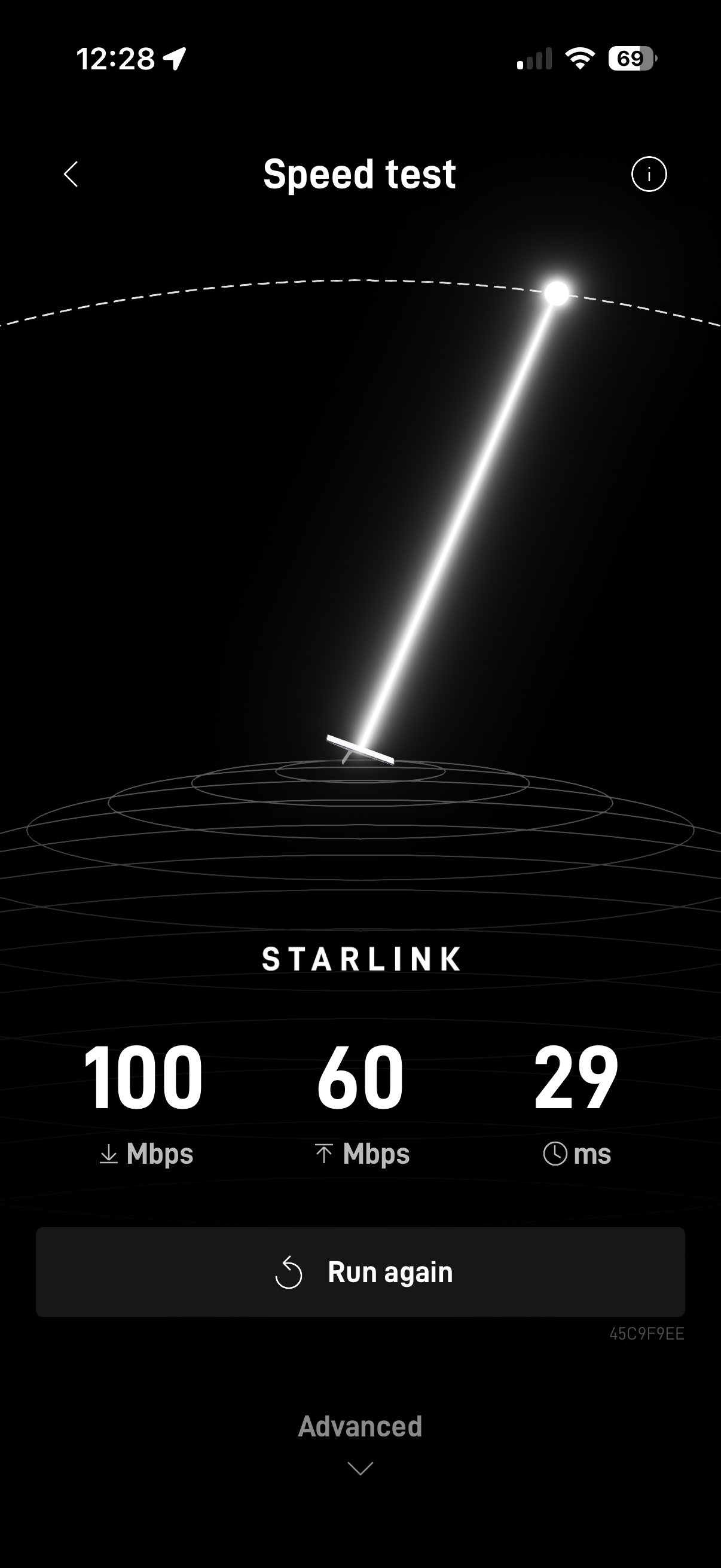 Starlink实际测速结果：下载100Mbps、上传60Mbps、延迟29毫秒